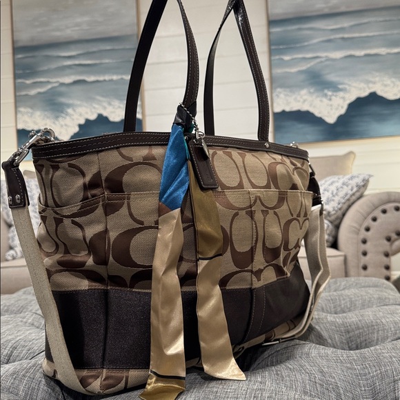 Coach Signature Stripe Baby Diaper Work Travel Large Canvas Brown Tote - Picture 3 of 17